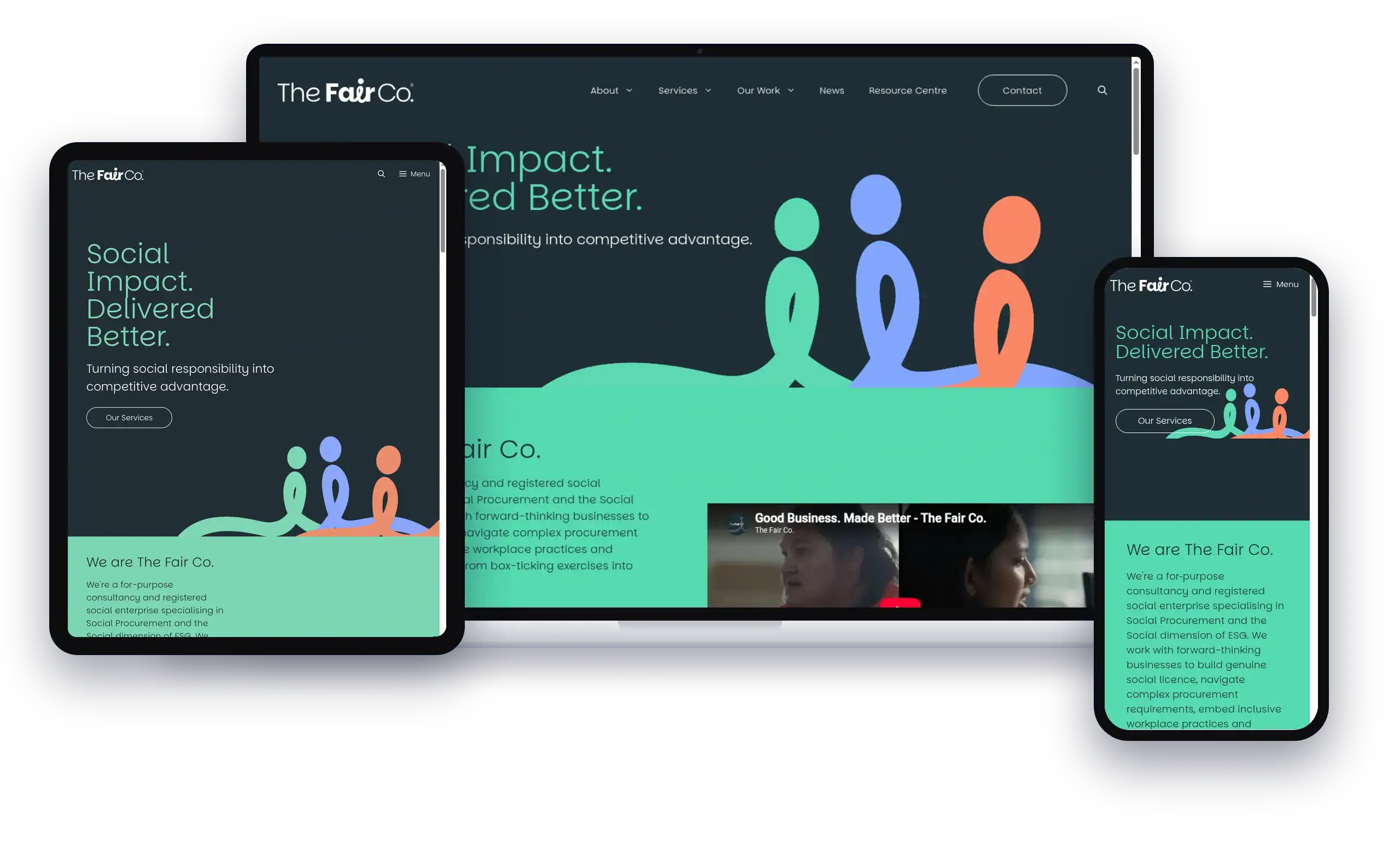 The Fair Co. responsive website shown on laptop, tablet and mobile, with the supplied screenshot displayed on the tablet