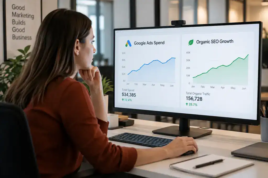 Melbourne business owner comparing Google Ads spend and organic SEO growth on screen
