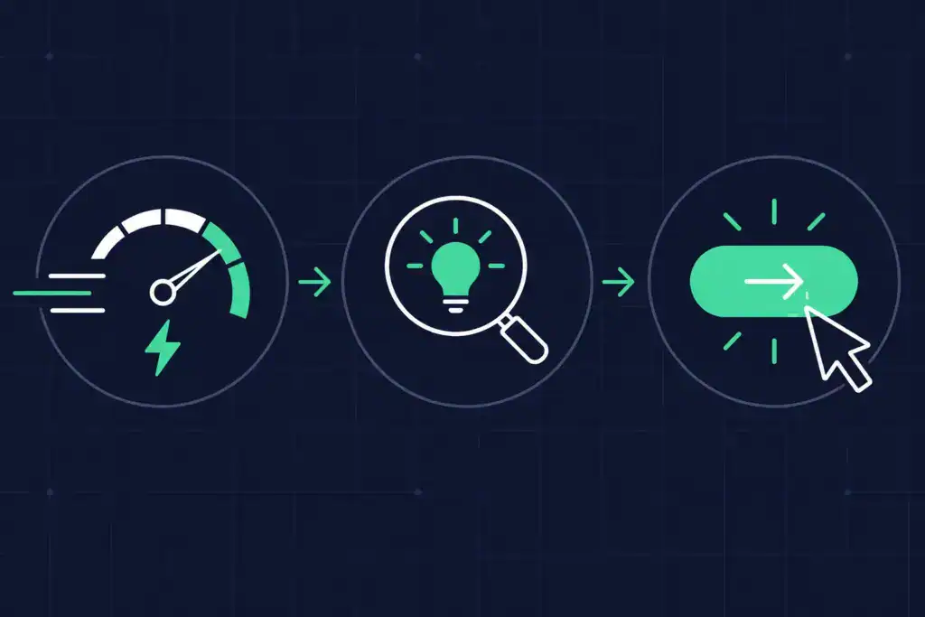 Illustration of three steps to improve a website: speed, clarity and a clear call to action