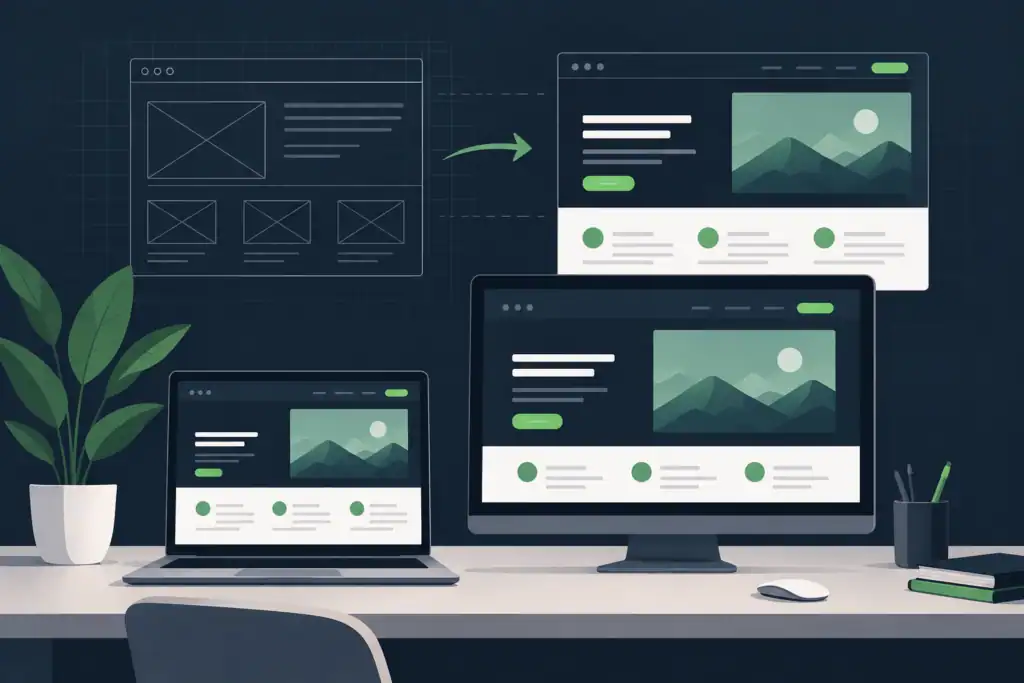 Desktop and laptop showing a website transforming from wireframe to a polished redesign