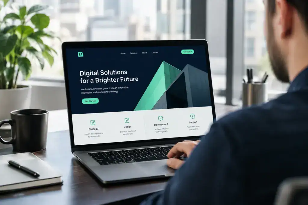 Business owner reviewing a modern website design mockup on a laptop